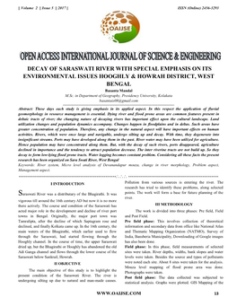 DECAY of SARASWATI RIVER with SPECIAL EMPHASIS on ITS ENVIRONMENTAL ISSUES HOOGHLY & HOWRAH DISTRICT, WEST BENGAL Basanta Mandal M.Sc