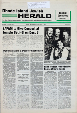 DECEMBER 5, 1996 35T PER COPY SAFAM to Give Concert at Temple Beth-El on Dec