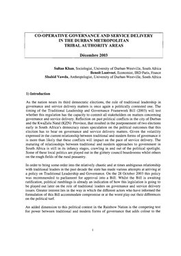 Co-Operative Governance and Service Delivery in the Durban Metropolitan Tribal Authority Areas Durban (ZAF); Paris : University of Durban Westville