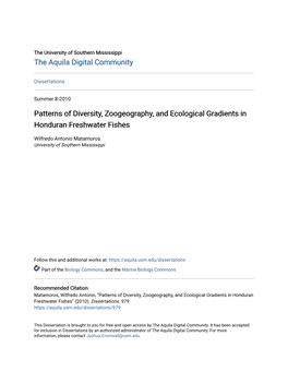 Patterns of Diversity, Zoogeography, and Ecological Gradients in Honduran Freshwater Fishes