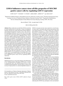 S100A4 Influences Cancer Stem Cell-Like Properties of MGC803 Gastric Cancer Cells by Regulating GDF15 Expression