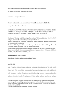 Modern Sedimentation Processes in Lake Towuti, Indonesia, Revealed by the Composition of Surface Sediments