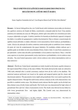 Tratamento Estatístico Dos Dados Dos Poços Da Região Do Platô De Irecê-Bahia