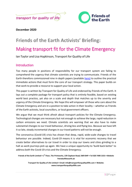 Making Transport Fit for the Climate Emergency Ian Taylor and Lisa Hopkinson, Transport for Quality of Life