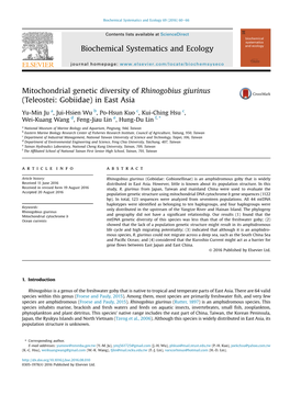 Mitochondrial Genetic Diversity of Rhinogobius Giurinus (Teleostei: Gobiidae) in East Asia