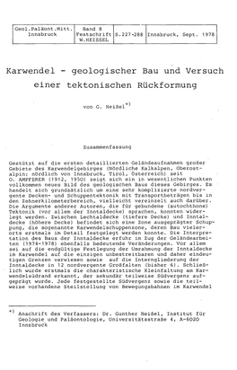Karwendel - Geologischer Bau Und Versuch Einer Tektonischen Rückformung
