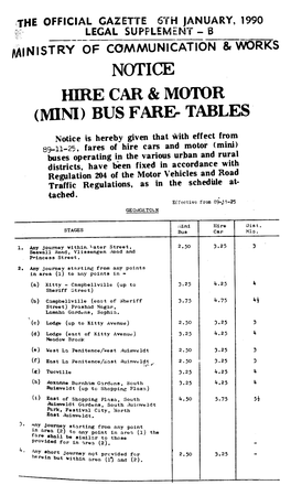 Notice Hire Car & Motor (Mini) Bus Fare-Tables