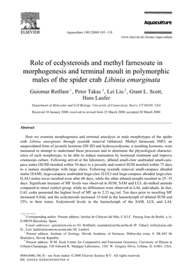 Role of Ecdysteroids and Methyl Farnesoate in Morphogenesis and Terminal Moult in Polymorphic Males of the Spider Crab Libinia Emarginata