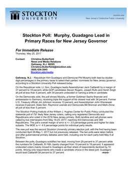 Stockton Poll: Murphy, Guadagno Lead in Primary Races for New Jersey Governor