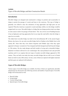 Article: Types of Movable Bridges and Their Construction Details I