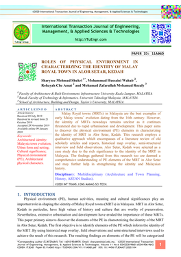 Roles of Physical Environment in Characterizing the Identity of Malay Royal Town in Alor Setar, Kedah