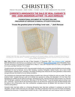 Christie's Announces the Sale of Neal Cassady's 1950