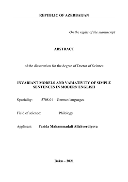 REPUBLIC of AZERBAIJAN on the Rights of the Manuscript ABSTRACT of the Dissertation for the Degree of Doctor of Science INVARIA