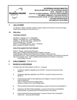 Governing Board Minutes /~ Regular Meeting of the Governing Board Date: January 10, 2006 Palomar College 4:00 P.M