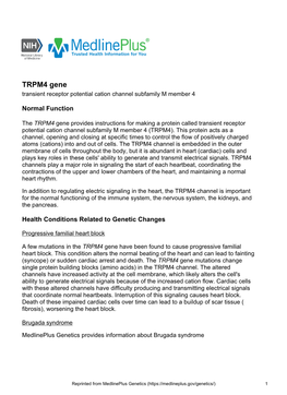 TRPM4 Gene Transient Receptor Potential Cation Channel Subfamily M Member 4