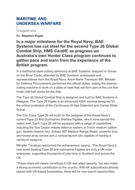 MARITIME and UNDERSEA WARFARE in a Major Milestone for the Royal Navy, BAE Systems Has Cut Steel for the Second Type 26 Global C