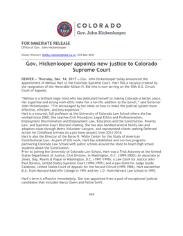 Gov. Hickenlooper Appoints New Justice to Colorado Supreme Court