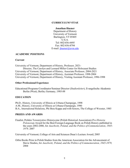 CURRICULUM VITAE Jonathan Huener Department of History