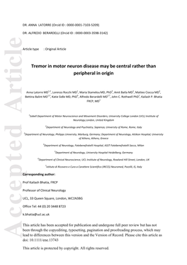 Tremor in Motor Neuron Disease May Be Central Rather Than Peripheral in Origin