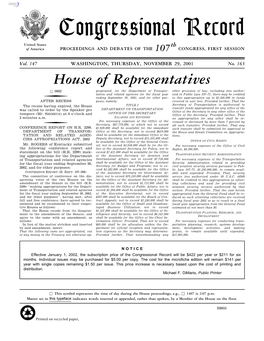 Congressional Record United States Th of America PROCEEDINGS and DEBATES of the 107 CONGRESS, FIRST SESSION