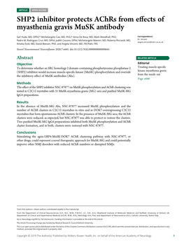 SHP2 Inhibitor Protects Achrs from Effects of Myasthenia Gravis Musk Antibody Saif Huda, Michelangelo Cao, Anna De Rosa, Et Al