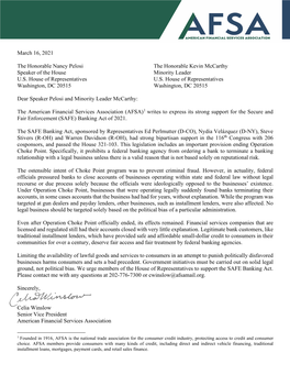 AFSA Letter Supporting SAFE Banking