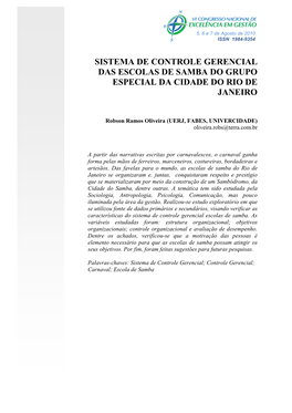 Sistema De Controle Gerencial Das Escolas De Samba Do Grupo Especial Da Cidade Do Rio De Janeiro