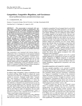 Competition, Competitive Repulsion, and Coexistence (Faunal Equilibriums/Exclusion Principle/Niche/Ecologic Range)