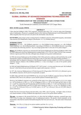 CONFIRMATION of the GOLDBACH BINARY CONJECTURE Mohammed Ghanim* * Ecole Nationale De Commerce Et De Gestion B.P 1255 Tanger Maroc