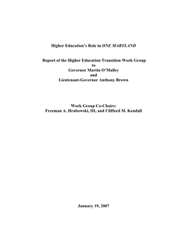 Higher Education's Role in ONE MARYLAND Report of the Higher