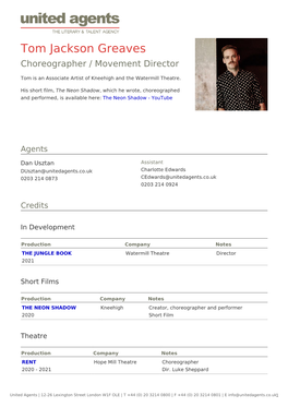 Tom Jackson Greaves Choreographer / Movement Director