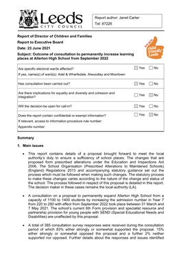 Allerton High School Cover Report 110621 PDF 191 KB