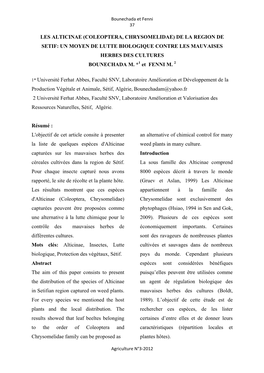 Les Alticinae (Coleoptera, Chrysomelidae) De La Region De Setif: Un Moyen De Lutte Biologique Contre Les Mauvaises Herbes Des Cultures Bounechada M