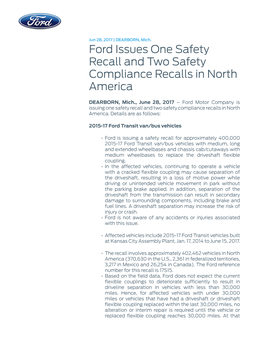 Ford Issues One Safety Recall and Two Safety Compliance Recalls in North America