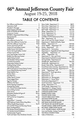 66Th Annual Jefferson County Fair August 19-25, 2018 TABLE of CONTENTS