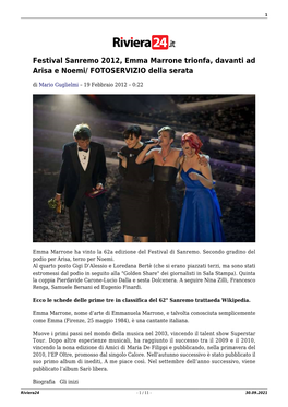 Festival Sanremo 2012, Emma Marrone Trionfa, Davanti Ad Arisa E Noemi/ FOTOSERVIZIO Della Serata