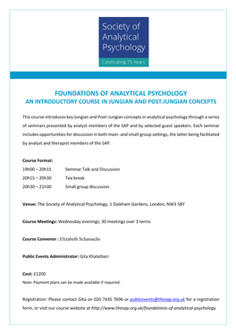 Foundations of Analytical Psychology an Introductory Course in Jungian and Post-Jungian Concepts