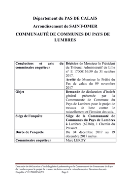 Conclusions Et Avis Du Décision De Monsieur Le Président Commissaire Enquêteur Du Tribunal Administratif De Lille N° E 17000156/59 Du 31 Octobre 2017