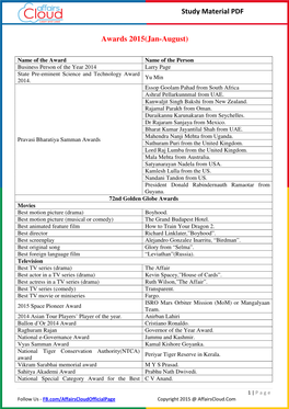 Study Material PDF Awards 2015(Jan-August)