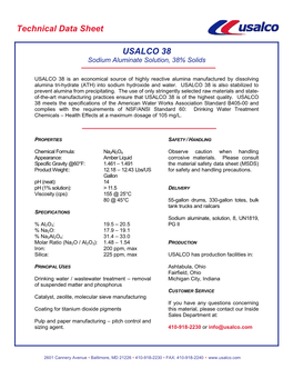 Sodium Aluminate 38 Specification USALCO