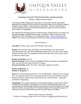 Umpqua Valley Winegrowers Association “Oregon’S Oldest Fine Wine Region”