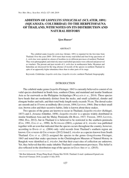 Addition of Liopeltis Stoliczkae (Sclater, 1891) (Squamata: Colubridae) to the Herpetofauna of Thailand, with Notes on Its Distribution and Natural History