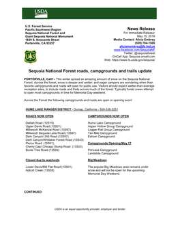 News Release Sequoia National Forest Roads, Campgrounds and Trails Update