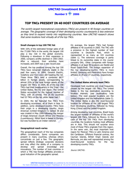 UNCTAD Investment Brief TOP Tncs PRESENT in 40 HOST COUNTRIES on AVERAGE