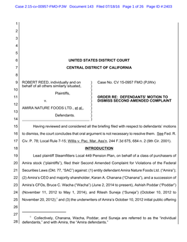 Robert Read, Et Al. V. Amira Nature Foods Ltd., Et Al. 15-CV-00957