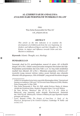 Al-Zahiriyyah Di Andalusia: Analisis Dari Perspektif Pemikiran Islam1