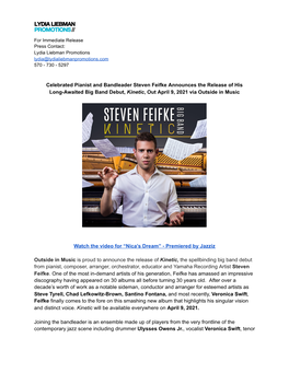 Celebrated Pianist and Bandleader Steven Feifke Announces the Release of His Long-Awaited Big Band Debut, K Inetic, out April 9, 2021 Via Outside in Music