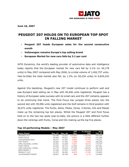 Peugeot 207 Holds on to European Top Spot in Falling Market 18.06.2007