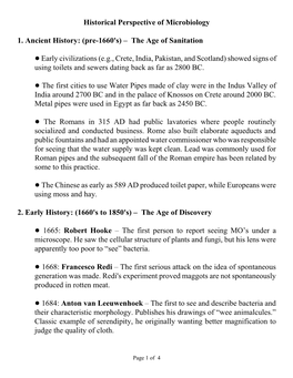 Historical Perspective of Microbiology 1. Ancient History: (Pre-1660'S)