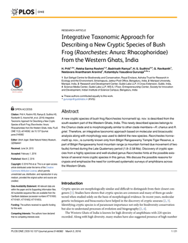 Integrative Taxonomic Approach for Describing a New Cryptic Species of Bush Frog (Raorchestes: Anura: Rhacophoridae) from the Western Ghats, India